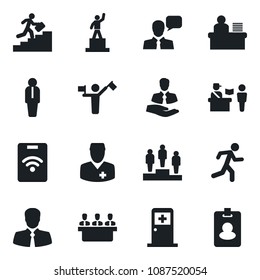 Set of vector isolated black icon - dispatcher vector, passport control, medical room, manager, pedestal, run, doctor, client, speaker, desk, meeting, career ladder, pass card