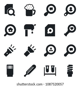 Set of vector isolated black icon - blood test vial vector, thermometer, heart diagnostic, search cargo, torch, document, water supply, estate, client, drink, beer, energy saving bulb