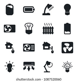 Set of vector isolated black icon - bulb vector, low battery, desk lamp, heater, air conditioner, home control, fan, idea