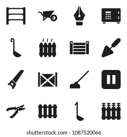 Set of vector isolated black icon - safe vector, trowel, wheelbarrow, pruner, saw, hoe, container, rack, pause button, ink pen, heater, ladle, radiator