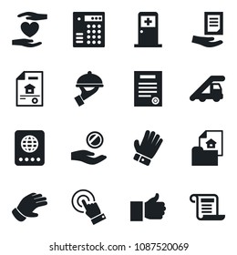 Set of vector isolated black icon - passport vector, ladder car, medical room, document, glove, heart hand, touch screen, finger up, contract, estate, waiter, combination lock, investment