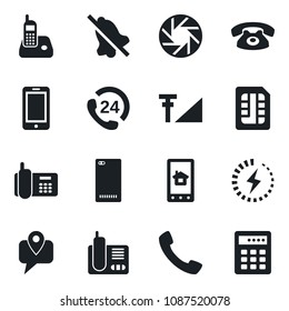 Set of vector isolated black icon - mobile phone vector, office, 24 hours, tracking, radio, back, call, camera, sim, mute, cellular signal, charge, home control app, combination lock