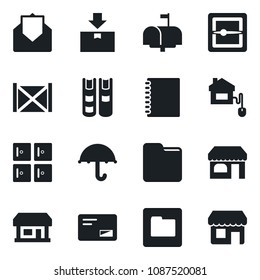 Set of vector isolated black icon - shop vector, checkroom, store, container, umbrella, package, mail, scanner, folder, copybook, book, mailbox, home control, storefront