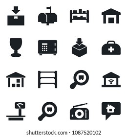 Set of vector isolated black icon - safe vector, doctor case, fragile, warehouse, package, heavy scales, search cargo, rack, radio, mailbox, garage gate control, home message