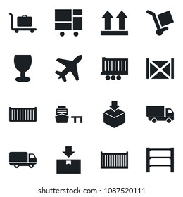 Set of vector isolated black icon - plane vector, baggage trolley, truck trailer, cargo container, car delivery, sea port, consolidated, fragile, up side sign, package, rack