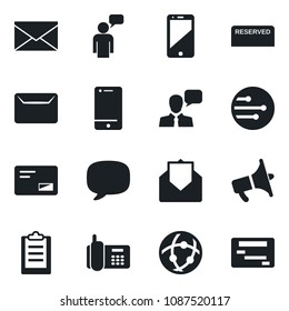 Set of vector isolated black icon - speaking man vector, mail, office phone, loudspeaker, cell, speaker, message, network, clipboard, reserved, schedule