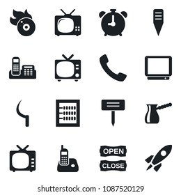 Set of vector isolated black icon - alarm clock vector, tv, sickle, plant label, flame disk, radio phone, call, abacus, office, open close, turkish coffee, rocket