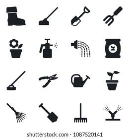 Set of vector isolated black icon - job vector, flower in pot, garden fork, shovel, rake, seedling, watering can, pruner, boot, hoe, sprayer, fertilizer, irrigation