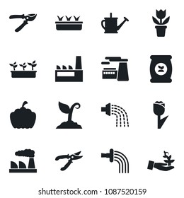 Set of vector isolated black icon - factory vector, flower in pot, watering can, sproute, pruner, seedling, pumpkin, fertilizer, tulip, palm
