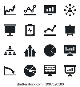 Set of vector isolated black icon - hierarchy vector, presentation board, statistic monitor, pulse, clipboard, pie graph, point, arrow up, growth, crisis
