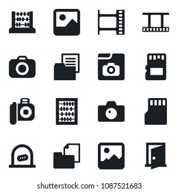 Set of vector isolated black icon - ticket office vector, camera, abacus, folder document, film frame, gallery, sd, photo, door