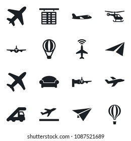 Set of vector isolated black icon - plane vector, radar, departure, waiting area, ladder car, boarding, helicopter, flight table, paper, air balloon