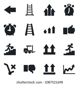 Set of vector isolated black icon - alarm clock vector, left arrow, fork loader, ladder, up side sign, no trolley, finger, down, career, graph, growth