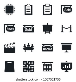 Set of vector isolated black icon - fence vector, flight table, presentation board, meeting, clapboard, clipboard, rooms, sold signboard, cutting, chip