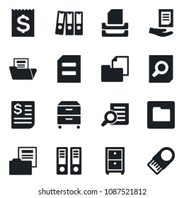 Set of vector isolated black icon - office binder vector, document search, receipt, folder, paper, tray, archive box, usb flash