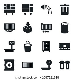 Set of vector isolated black icon - trash bin vector, bucket, watering, truck trailer, cargo container, consolidated, package, oil barrel, heavy scales, railroad, archive box, water filter