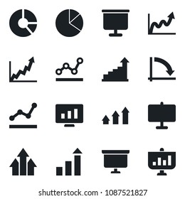 Set of vector isolated black icon - growth statistic vector, presentation board, crisis graph, monitor, circle chart, pie, point, arrow up