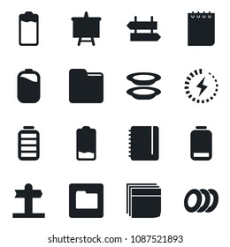 Set of vector isolated black icon - signpost vector, notepad, presentation board, battery, low, folder, charge, blank box, plates