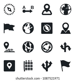 Set of vector isolated black icon - seat map vector, route, navigation, earth, pin, network, place tag, compass, flag