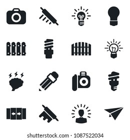 Set of vector isolated black icon - automatic door vector, brainstorm, bulb, camera, pencil, fence, rolling pin, energy saving, shining head, idea, paper plane