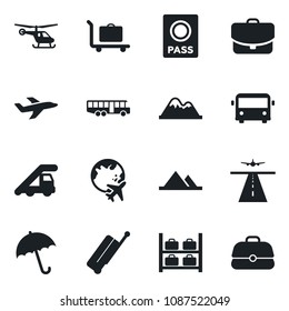 Set of vector isolated black icon - runway vector, suitcase, baggage trolley, airport bus, umbrella, passport, ladder car, helicopter, luggage storage, plane globe, mountains, case