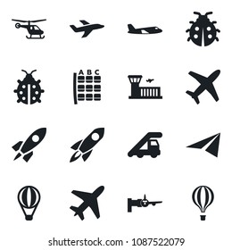 Set of vector isolated black icon - plane vector, ladder car, boarding, helicopter, seat map, airport building, lady bug, rocket, paper, air balloon