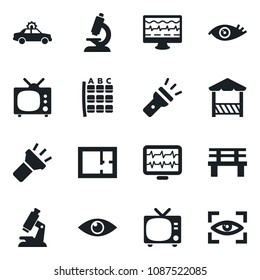 Set of vector isolated black icon - tv vector, alarm car, seat map, bench, monitor pulse, microscope, eye, torch, plan, alcove, scan