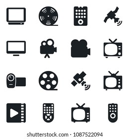 Set of vector isolated black icon - tv vector, reel, satellite, video camera, remote control, monitor
