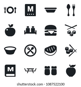 Set of vector isolated black icon - spoon and fork vector, picnic table, cafe, menu, salt pepper, steak, hamburger, bowl, sushi, apple fruit