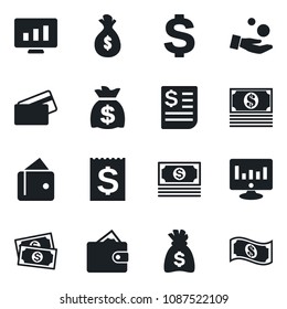Set of vector isolated black icon - dollar sign vector, money bag, statistic monitor, cash, receipt, credit card, wallet, investment