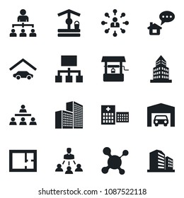 Set of vector isolated black icon - hierarchy vector, well, molecule, hospital, office building, garage, plan, home message