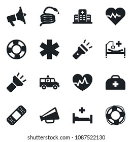 Set of vector isolated black icon - hose vector, heart pulse, doctor case, patch, ambulance star, car, hospital bed, loudspeaker, torch, crisis management
