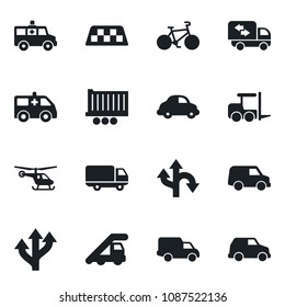 Set of vector isolated black icon - taxi vector, fork loader, ladder car, helicopter, ambulance, bike, route, truck trailer, delivery, moving