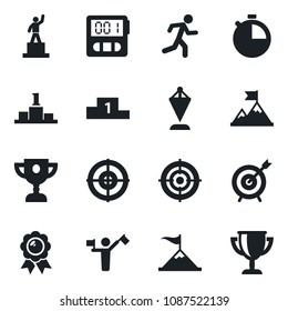 Set of vector isolated black icon - dispatcher vector, pedestal, pennant, medal, run, stopwatch, target, motivation, award cup