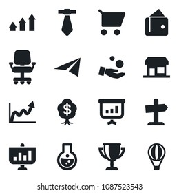 Set of vector isolated black icon - arrow up graph vector, wallet, growth, office chair, investment, cart, flask, paper plane, award cup, presentation, tie, money tree, storefront, guidepost