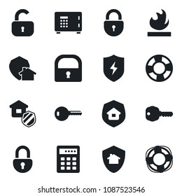 Set of vector isolated black icon - safe vector, lock, flammable, protect, key, estate insurance, home, combination, crisis management