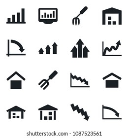 Set of vector isolated black icon - crisis graph vector, garden fork, warehouse storage, monitor statistics, bar, arrow up, growth