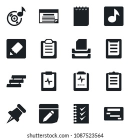 Set of vector isolated black icon - notepad vector, pulse clipboard, paper pin, notes, music, checklist, tray, schedule