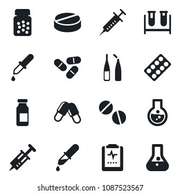 Set of vector isolated black icon - syringe vector, blood test vial, dropper, pills, bottle, blister, ampoule, pulse clipboard, flask