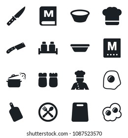 Set of vector isolated black icon - cook vector, cafe, hat, menu, salt and pepper, bowl, cutting board, knife, steaming pan, omelette