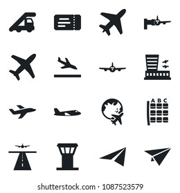 Set of vector isolated black icon - plane vector, airport tower, runway, arrival, ticket, ladder car, boarding, seat map, globe, building, paper