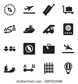 Set of vector isolated black icon - suitcase vector, departure, arrival, baggage trolley, passport, larry, ladder car, seat map, sea shipping, route, compass, air balloon