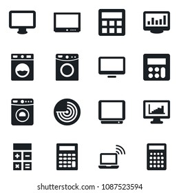 Set of vector isolated black icon - wireless notebook vector, washer, radar, calculator, tv, monitor, statistics