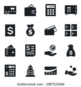 Set of vector isolated black icon - credit card vector, safe, checkroom, money bag, receipt, office building, combination lock, wallet, investment