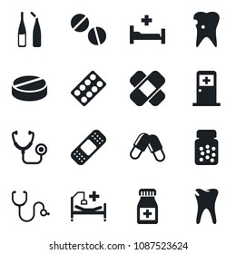 Set of vector isolated black icon - medical room vector, stethoscope, pills, bottle, blister, ampoule, patch, hospital bed, caries