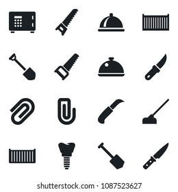 Set of vector isolated black icon - safe vector, job, saw, hoe, garden knife, implant, cargo container, paper clip, dish