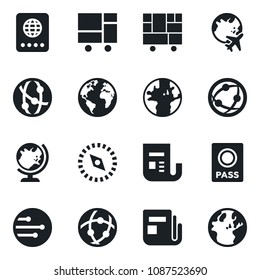 Set of vector isolated black icon - passport vector, globe, plane, earth, consolidated cargo, news, network, compass