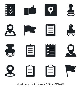 Set of vector isolated black icon - stamp vector, navigation, pin, clipboard, finger up, place tag, checklist, flag