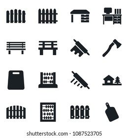 Set of vector isolated black icon - abacus vector, desk, fence, axe, bench, house with tree, rolling pin, cutting board