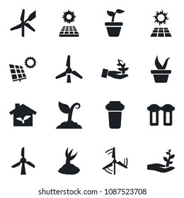 Set of vector isolated black icon - seedling vector, sproute, sun panel, windmill, eco house, water filter, palm